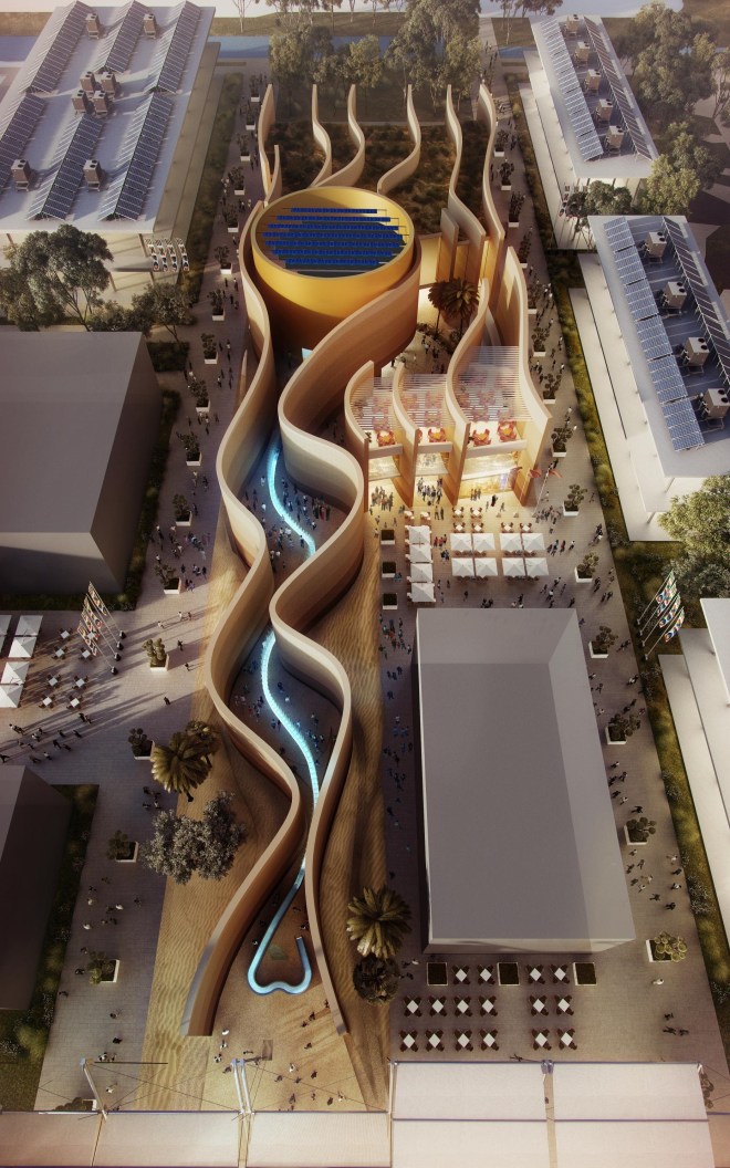 Immagine del padiglione degli Emirati Arabi a Expo 2015, mura alte 12 metri, una sorta di canyon di sabbia, un progetto dello studio di architettura Foster+partners basato su tecnologia e sostenibilità, che una volta finita l'Expo potrà essere smontato e spostato ad Abu Dhabi. 14 gennaio 2014 ANSA/UAE National Media Council/++ NO SALES, EDITORIAL USE ONLY. NO ARCHIVES ++
